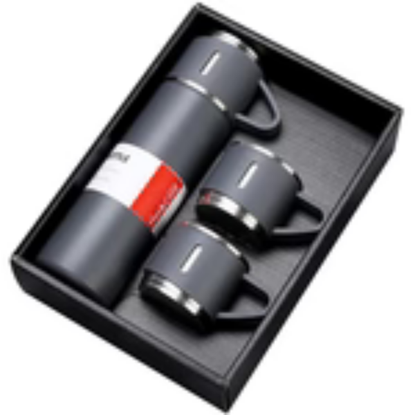 Stainless Steel Vacuum Flask Set – 1 Bottle + 2 Cups, Double Wall Insulated