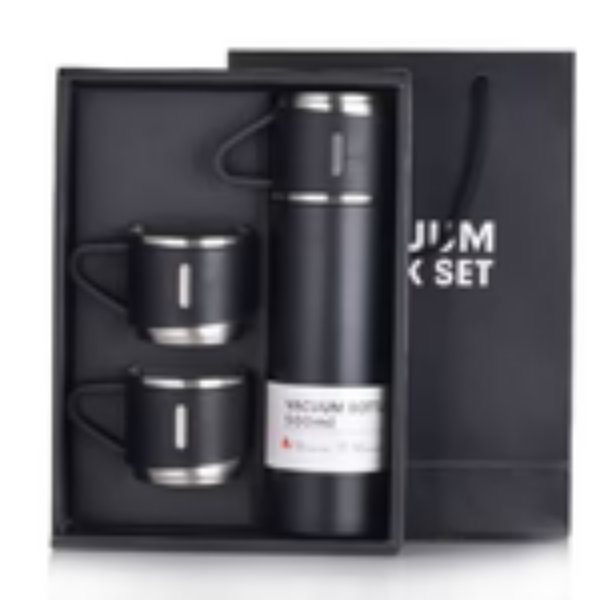 Stainless Steel Vacuum Flask Set – 1 Bottle + 2 Cups, Double Wall Insulated