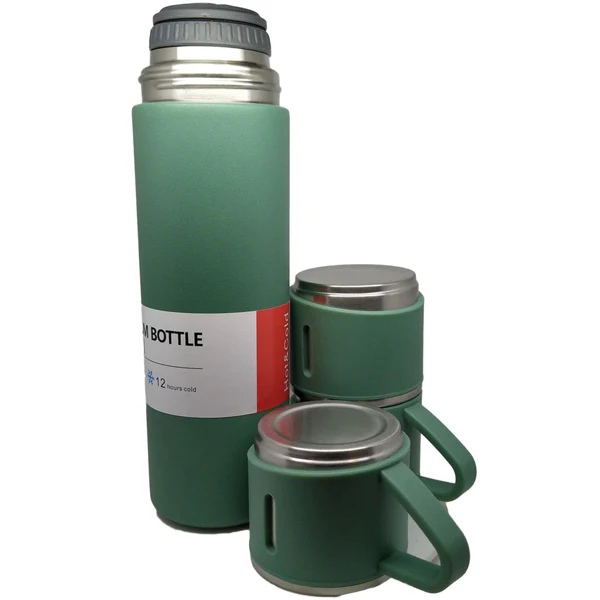 Stainless Steel Vacuum Flask Set – 1 Bottle + 2 Cups, Double Wall Insulated