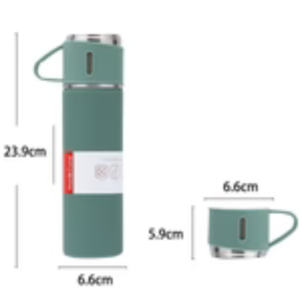 Stainless Steel Vacuum Flask Set – 1 Bottle + 2 Cups, Double Wall Insulated