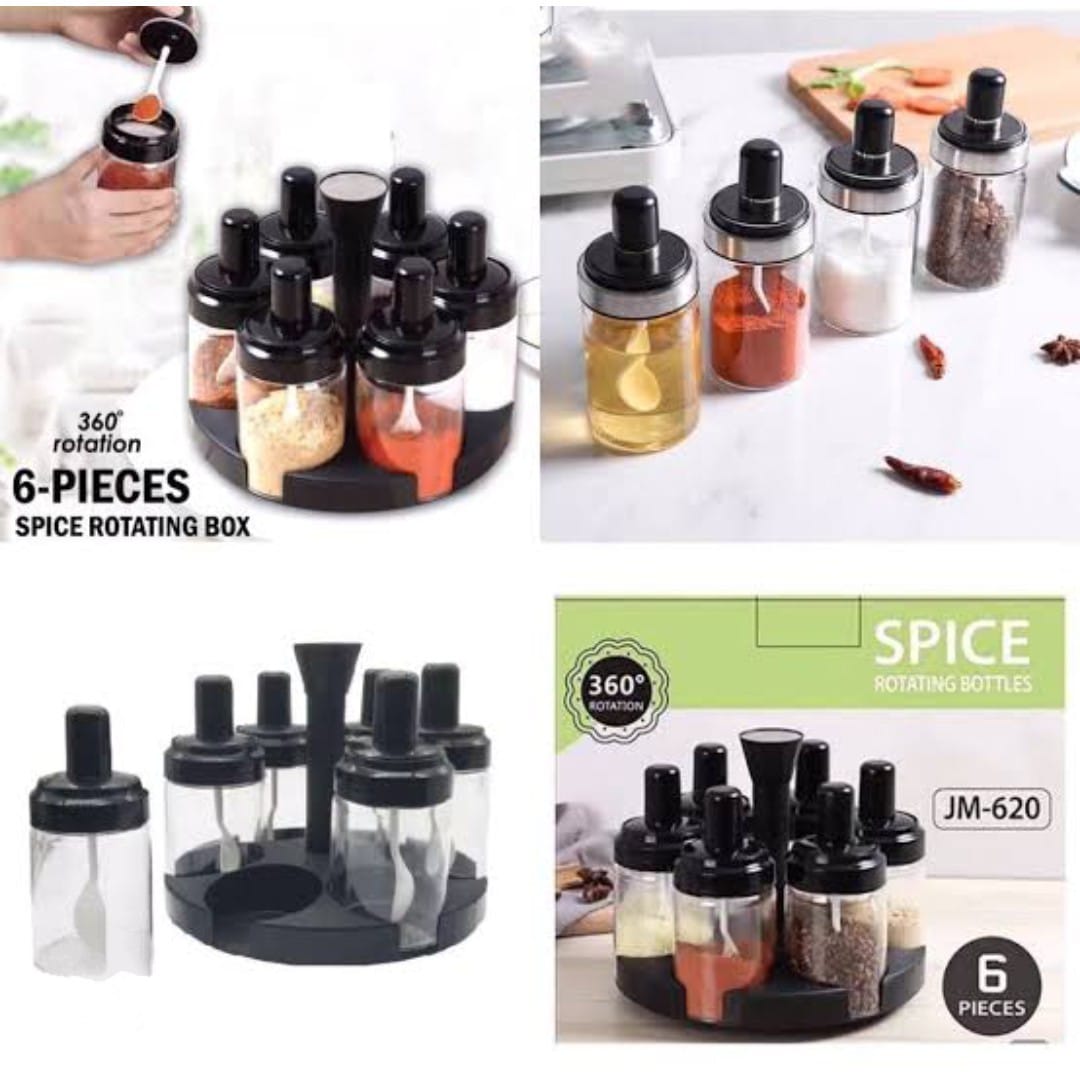 Revolving Spice Rack with 6 Jars & Spoons – 360° Rotating Kitchen Organizer