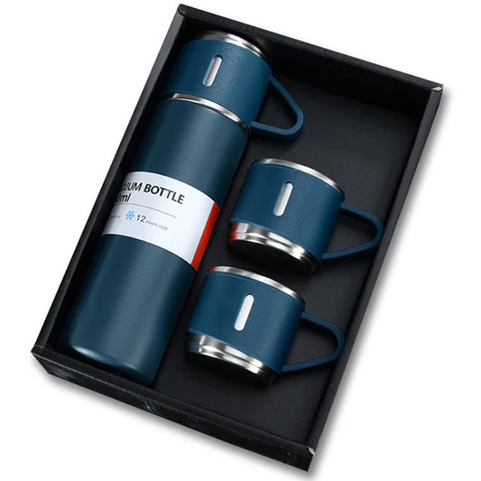 Stainless Steel Vacuum Flask Set – 1 Bottle + 2 Cups, Double Wall Insulated