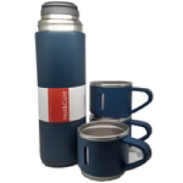 Stainless Steel Vacuum Flask Set – 1 Bottle + 2 Cups, Double Wall Insulated