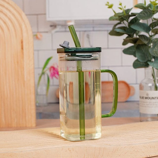 Square Glass Sipper – Minimalist Hydration Bottle with Handle & Straw