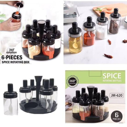 Revolving Spice Rack with 6 Jars & Spoons – 360° Rotating Kitchen Organizer