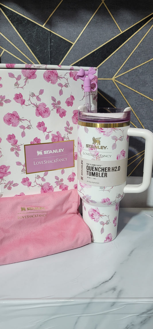 Stanley x LoveShackFancy Quencher H2.0 Tumbler – 40 OZ (Peony Blush White) with Gift Box & Pouch